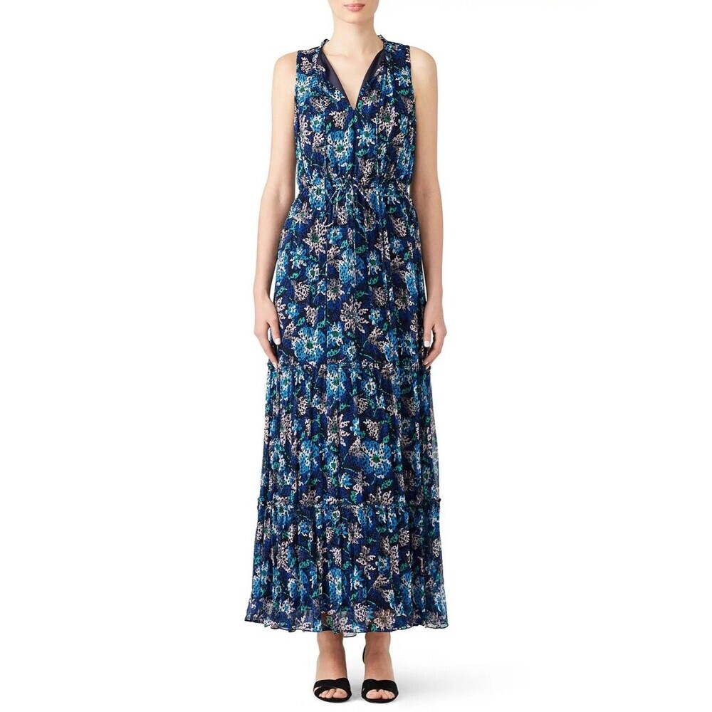 Grey Jason Wu Silk Maxi Dress Women’s Size 8 Blue Floral Sleeveless V-Neck Long